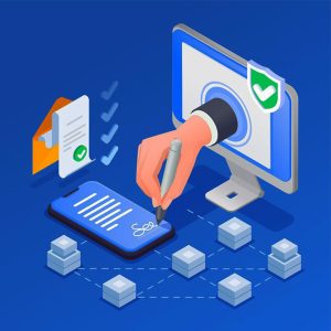contract agreement isometric composition with human hand putting electronic signature blue background 3d vector illustration 1284 78848 minus25 1024